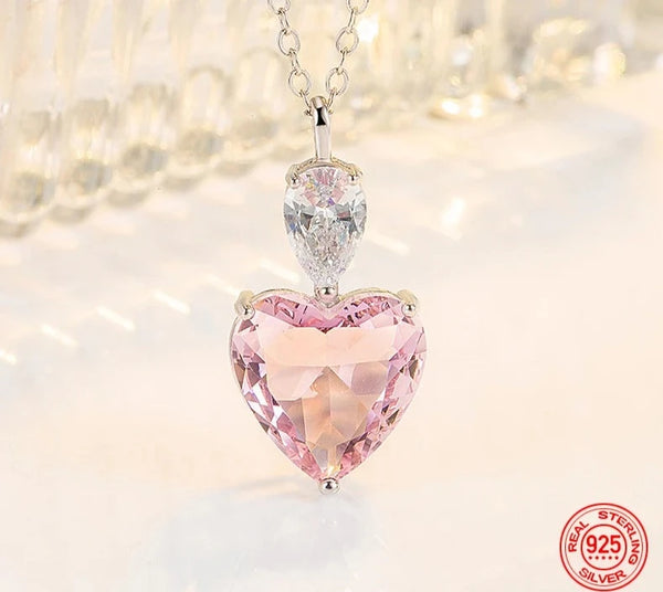 925 Sterling Silver Pink/Yellow Zircon Heart Necklace