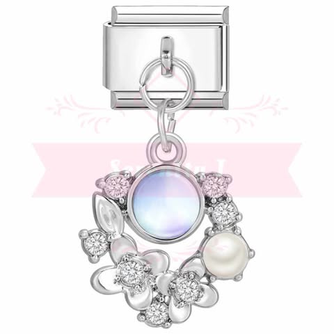 Stainless Steel Round Blue/Pearl Flowers Hanging Italian Charm