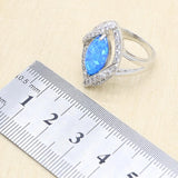 925 Sterling Silver Opal Earrings Necklace Bracelet Ring Set - Blue or White