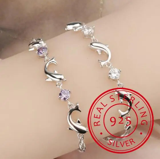 925 Sterling Silver CZ Dolphin Bracelet - 2 Colours