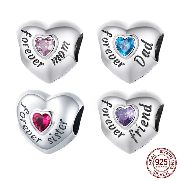 925 Sterling Silver Family Heart Cubic Zirconia Charm - 6 Options