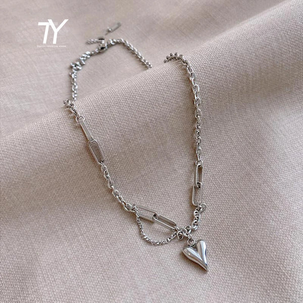 Stainless Steel Mixed Link Heart Necklace - 2 Options