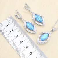 925 Sterling Silver Opal Earrings Necklace Bracelet Ring Set - Blue or White