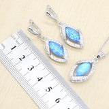 925 Sterling Silver Opal Earrings Necklace Bracelet Ring Set - Blue or White