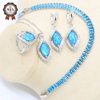 925 Sterling Silver Opal Earrings Necklace Bracelet Ring Set - Blue or White