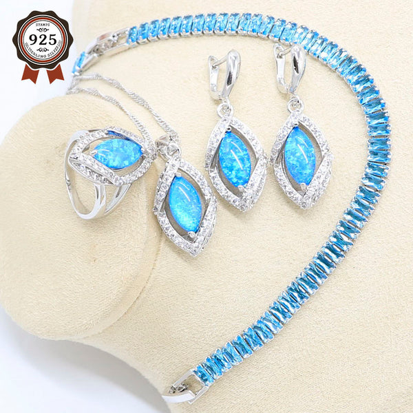 925 Sterling Silver Opal Earrings Necklace Bracelet Ring Set - Blue or White