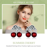 925 Sterling Silver Cherry Red Enamel & CZ Stud Earrings