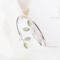 925 Sterling Silver Enamel Green Olive branch Open Bracelet