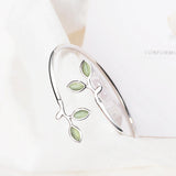 925 Sterling Silver Enamel Green Olive branch Open Bracelet