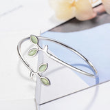 925 Sterling Silver Enamel Green Olive branch Open Bracelet