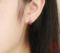 925 Sterling Silver Cherry Red Enamel & CZ Stud Earrings