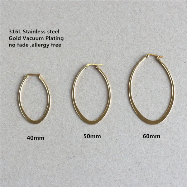 Stainless Steel Oval Gold Plated Hoop Earrings - 3 Sizes