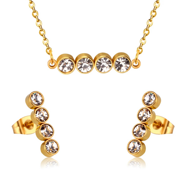 Stainless Steel Round Row Pendant Necklace and Earrings Set - 2 Colours
