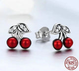 925 Sterling Silver Cherry Red Enamel & CZ Stud Earrings