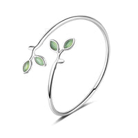 925 Sterling Silver Enamel Green Olive branch Open Bracelet