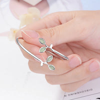 925 Sterling Silver Enamel Green Olive branch Open Bracelet