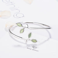 925 Sterling Silver Enamel Green Olive branch Open Bracelet