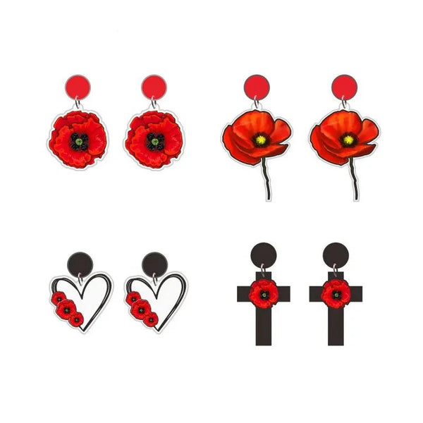 Red Poppy Flower Acrylic Stud Earrings - 6 Options