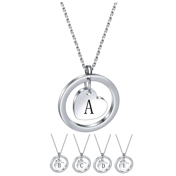 Stainless Steel Heart/Circle Initial Necklace - 27 Options
