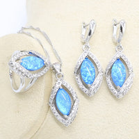 925 Sterling Silver Opal Earrings Necklace Bracelet Ring Set - Blue or White