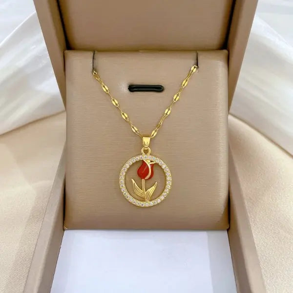 Stainless Steel Gold Plated Round Tulip Necklace