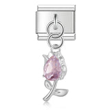 Stainless Steel Pink CZ Flower Hanging Italian Charm