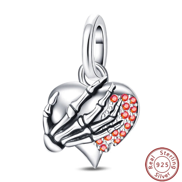 925 Sterling Silver Skeletal Hand on Heart Charm