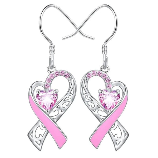 Fashion Love Heart Pink Ribbon Earrings