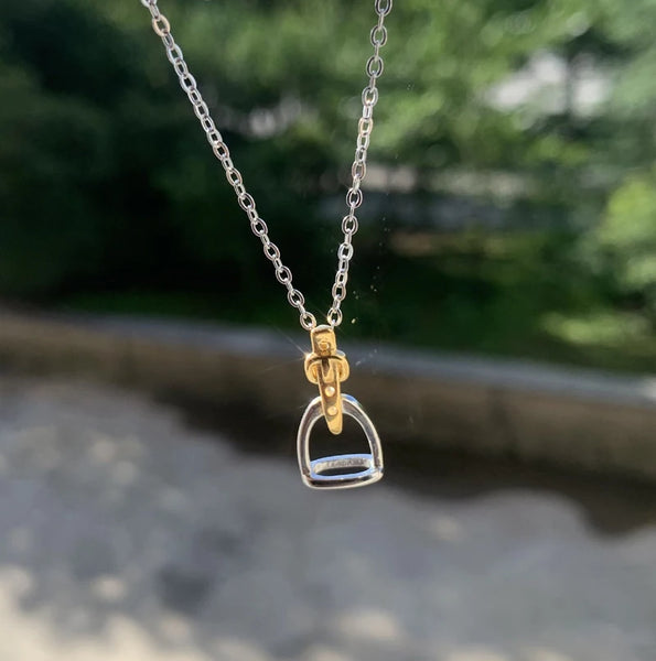 925 Sterling Silver Equestrian Two Tone Gold Plated Stirrup Pendant Necklace