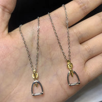 925 Sterling Silver Equestrian Two Tone Gold Plated Stirrup Pendant Necklace