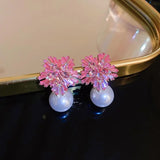 Fashion Pink Crystal Imitation Pearl Snowflake Stud Earrings