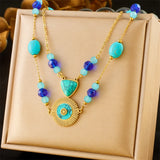 Stainless Steel Double Chain Bead Turquoise Heart Disc Necklace