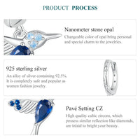 925 Sterling Silver Blue CZ Hummingbird Hoop Earrings