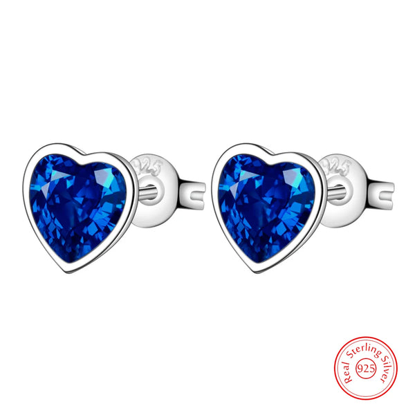 925 Sterling Silver Blue Crystal Heart Studs