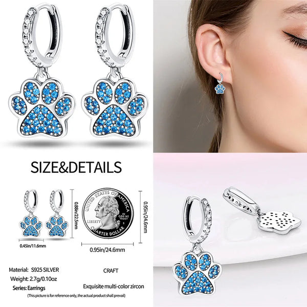 925 Sterling Silver Blue CZ Pawprint Hoop Earrings