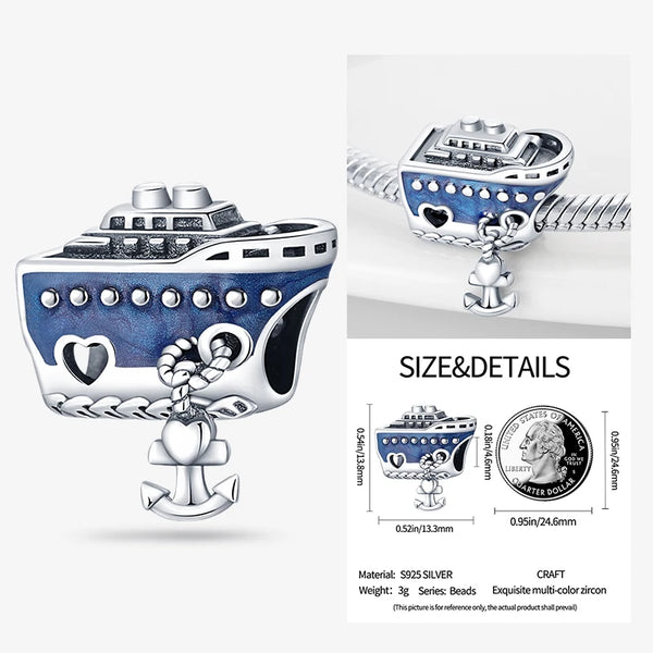 925 Silver Blue Heart/Anchor Ship Bead Charm