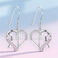 Fashion White/Pink Stone Cross Heart Pink Ribbon Earrings