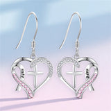 Fashion White/Pink Stone Cross Heart Pink Ribbon Earrings
