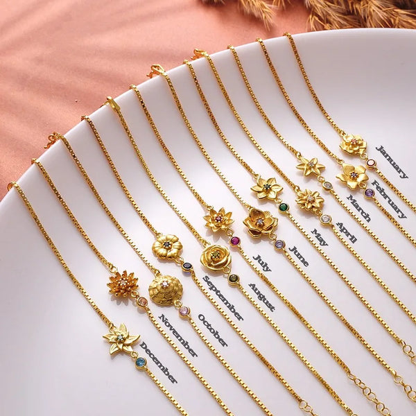 Stainless Steel Flower Birthstone Bracelet - 12 Options