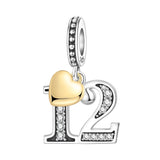 925 Sterling Silver CZ Number Heart Hanging Charm - 24 Options