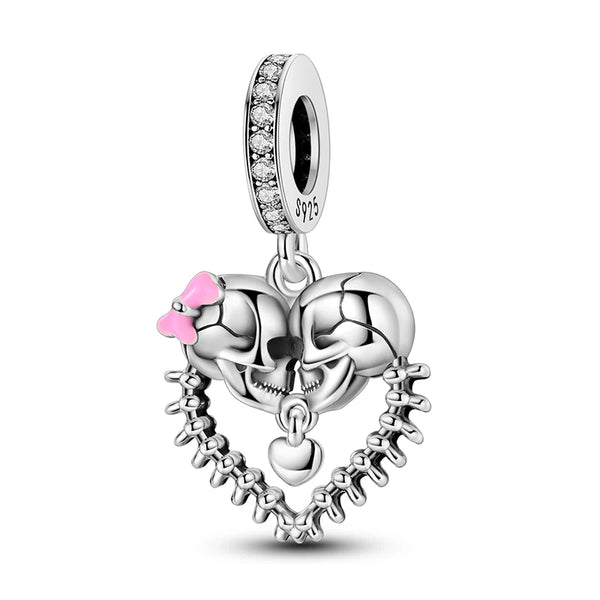 925 Sterling Silver Double Skull Heart Hanging Charm