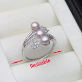 925 Sterling Silver Triple Pearl Adjustable Ring - 4 Options