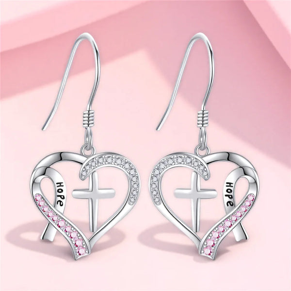 Fashion White/Pink Stone Cross Heart Pink Ribbon Earrings