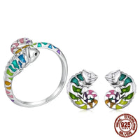 925 Sterling Silver Chameleon Enamel Ring/Earrings/Set