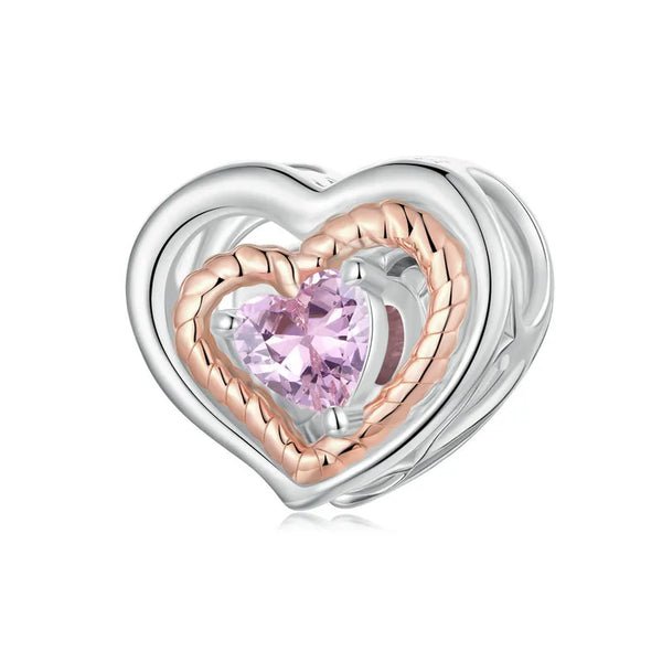 925 Sterling Silver Rose Gold Accent Love Heart Bead Charm