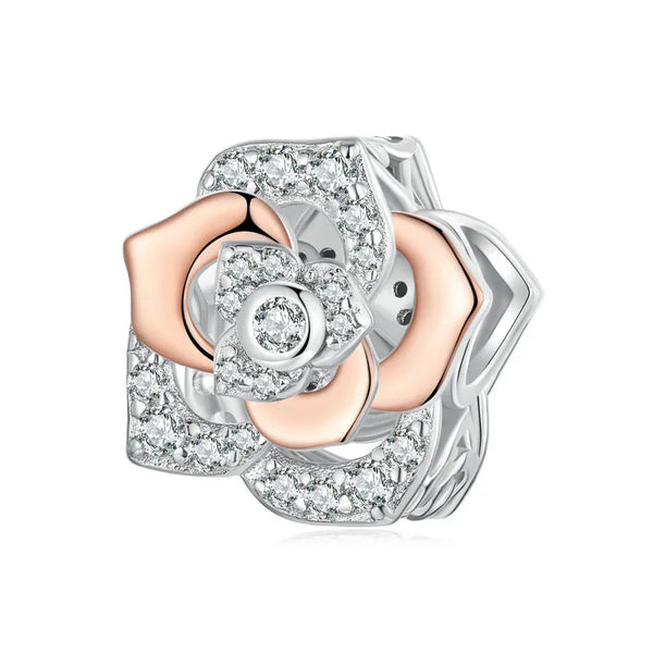 925 Sterling Silver Rose Gold Accent Rose Bead Charm