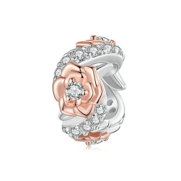 925 Sterling Silver Rose Gold Accent Twisted Rose Bead Charm