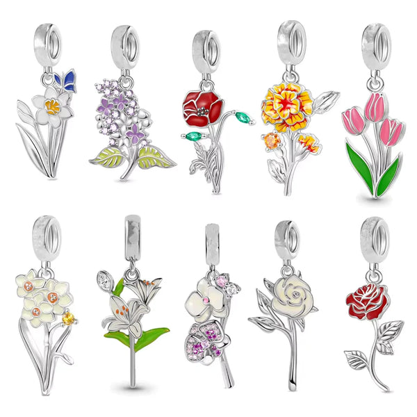 925 Sterling Silver Flower Hanging Charm - 17 Options