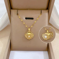 Stainless Steel Gold Plated Hidden Pearl Shell Necklace