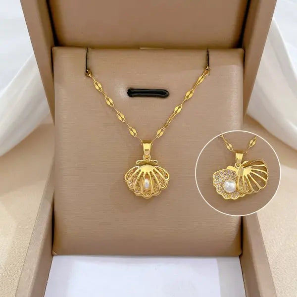 Stainless Steel Gold Plated Hidden Pearl Shell Necklace